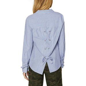 π Sanctuary Lace Up Back Sz M Striped Button Down Shirt Top Blouse White Blue